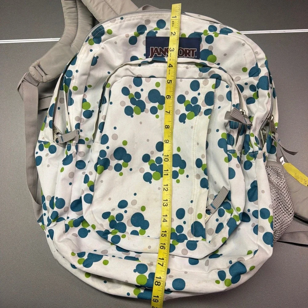 JanSport full-size backpack with a white, green, and blue polka dot pattern‎